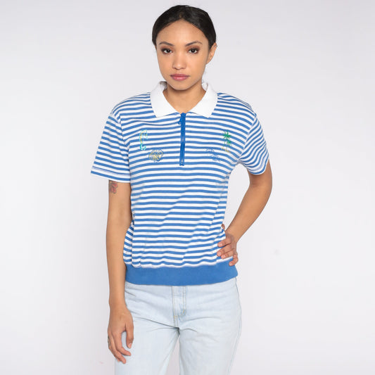 90s Blue White Striped Polo Shirt Embroidered Sea Creatures Palm Tree Small