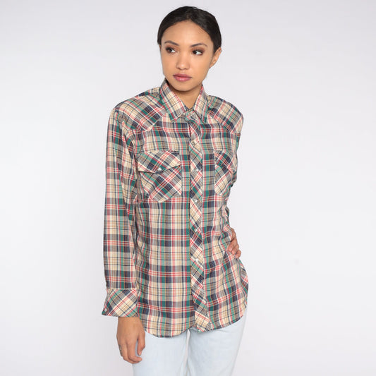 80s Mad Man Plaid Pearl Snap Western Shirt Long Sleeve Medium