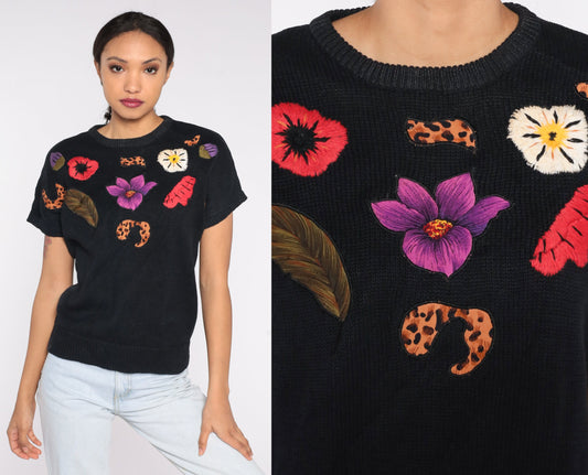 90s Black Knit Sweater Top Floral Embroidery Leopard Print Short Sleeve Medium M