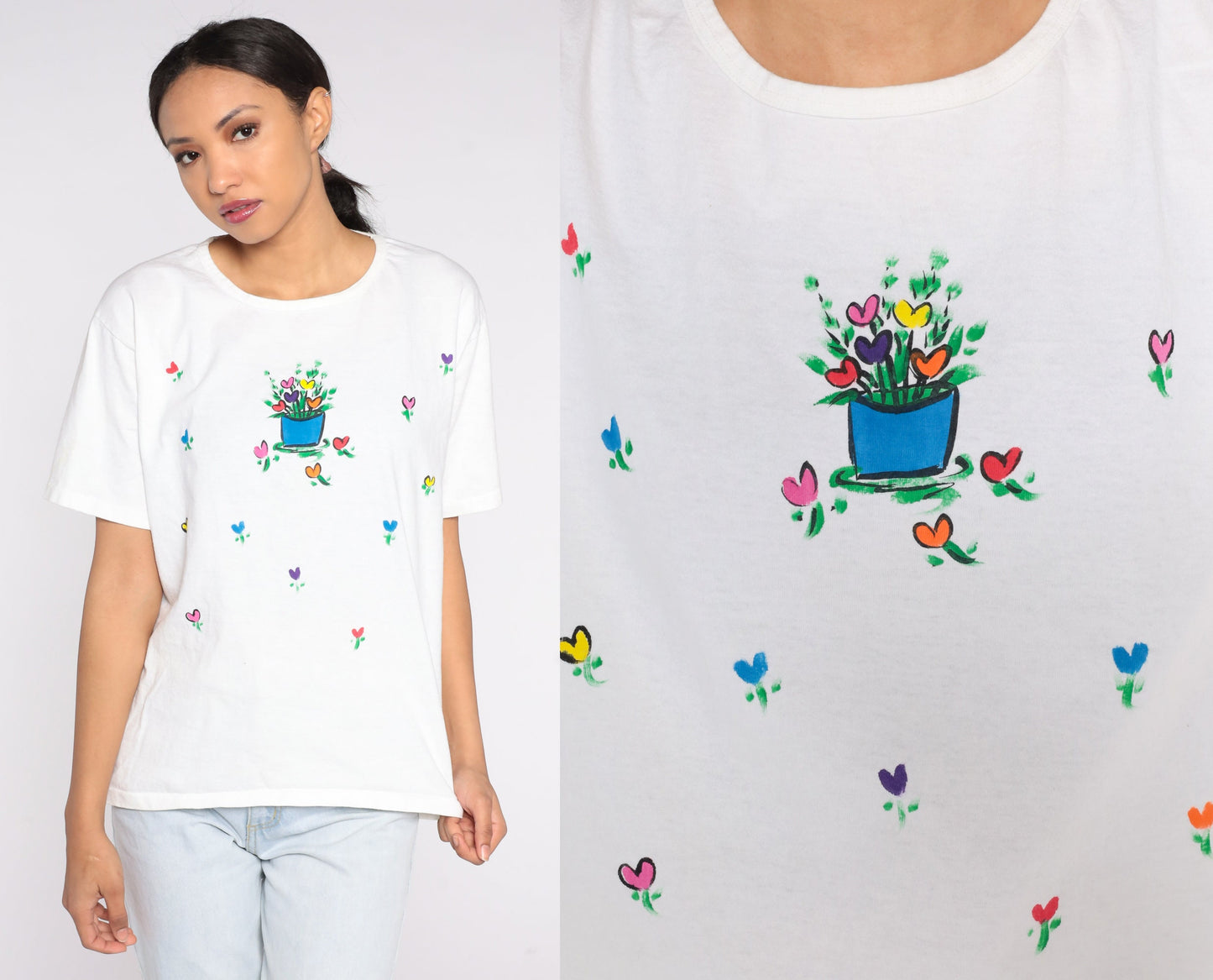 90s Floral Heart Flower Pot Cotton T-Shirt Tulip Graphic Tee Medium