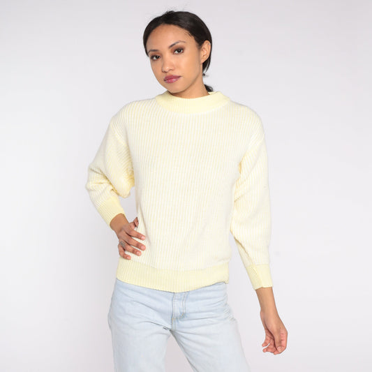80s Yellow & White Knit Crewneck Sweater Pullover Small