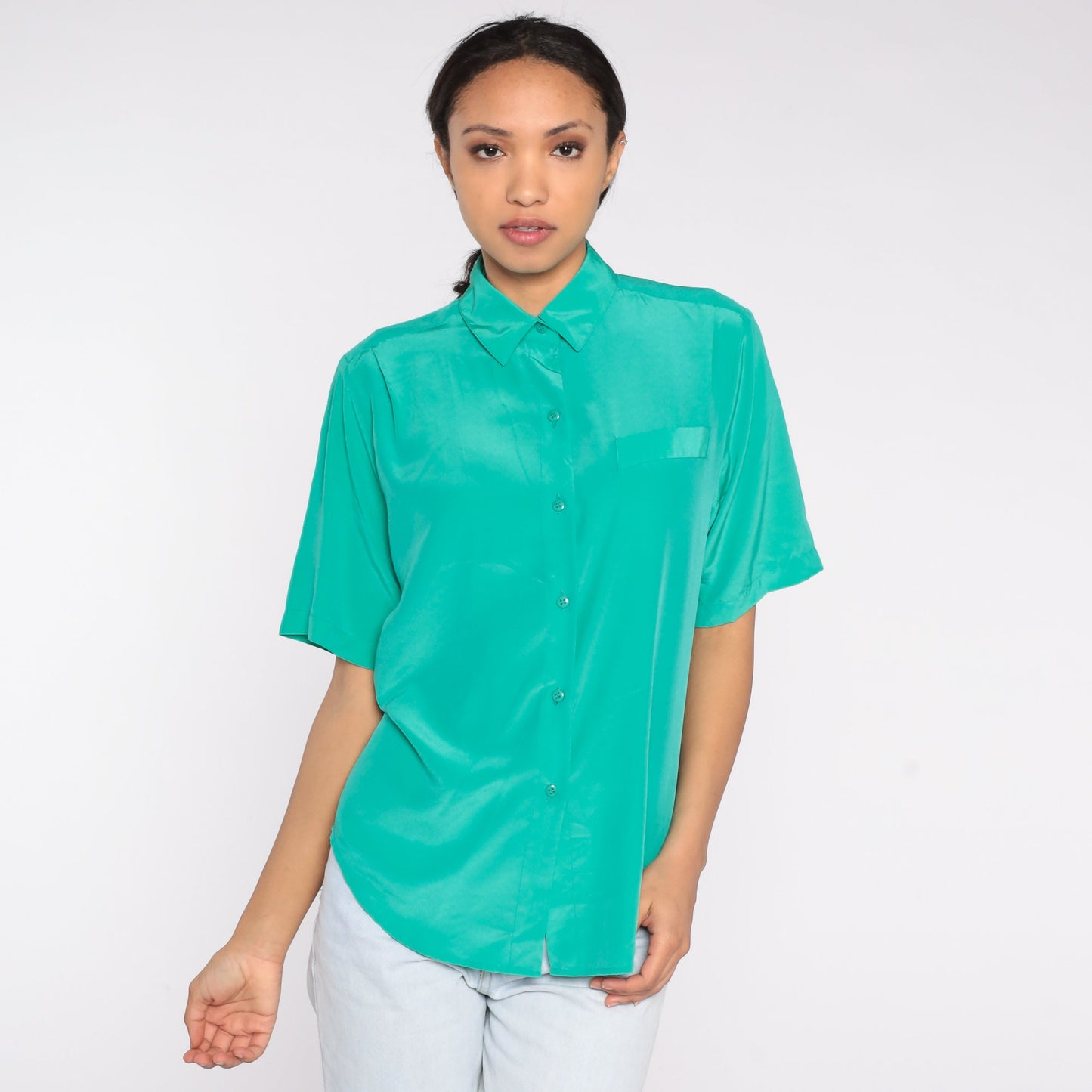 80s Green Polyester Button-Up Blouse Short Sleeve Collared Shirt Medium 8