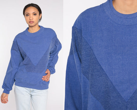 90s Blue Chevron Woven Crewneck Sweatshirt Pullover Men's Large