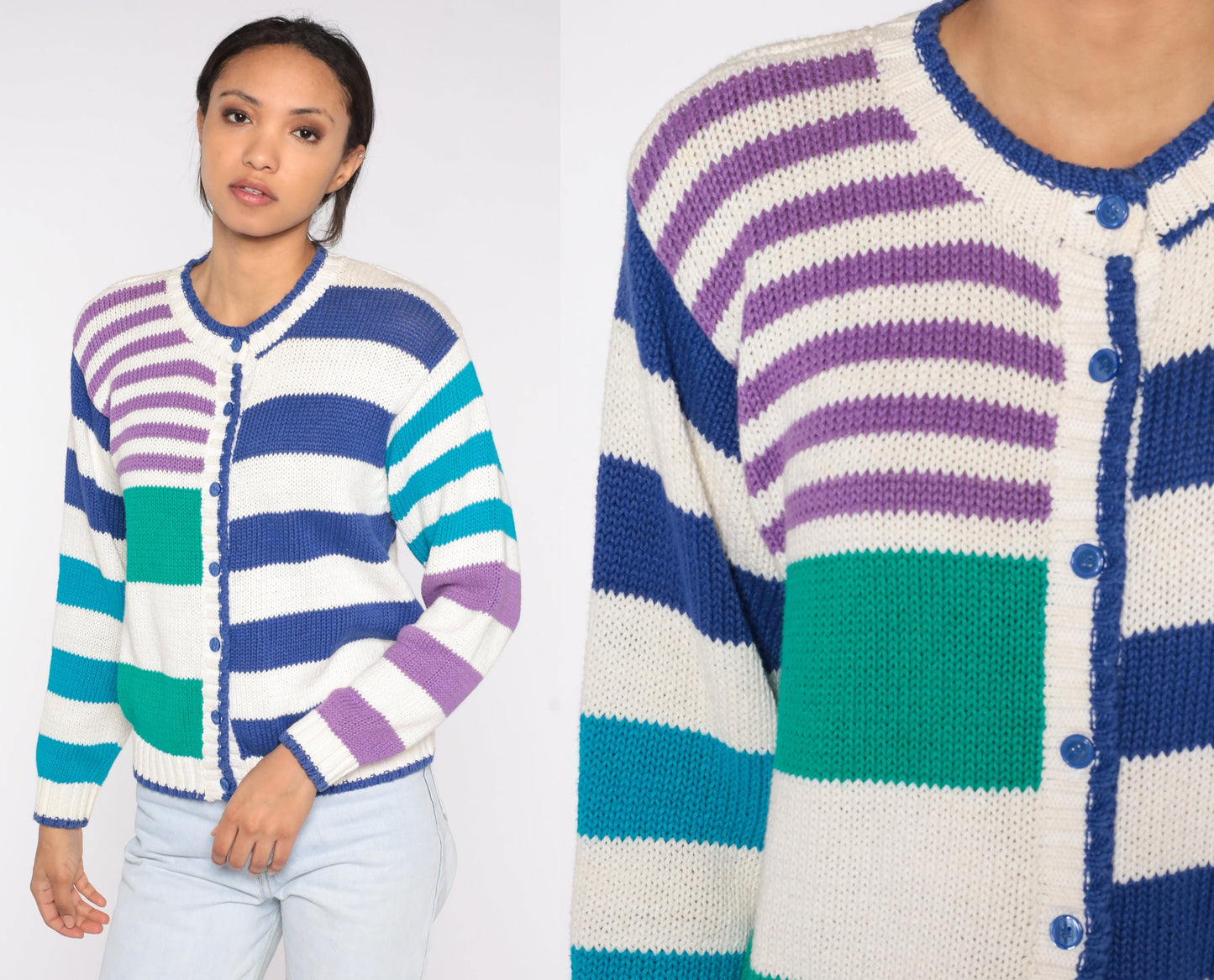 90s Striped Cardigan White Button-Up Sweater Green Blue Purple Petite Small