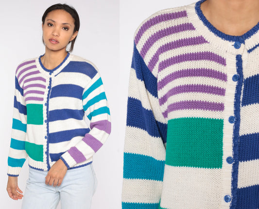 90s Striped Cardigan White Button-Up Sweater Green Blue Purple Petite Small