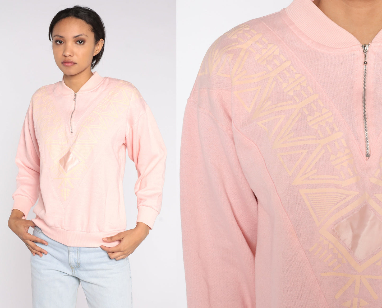 80s Geometric Quarter Zip Sweatshirt Baby Pink Southwestern Small