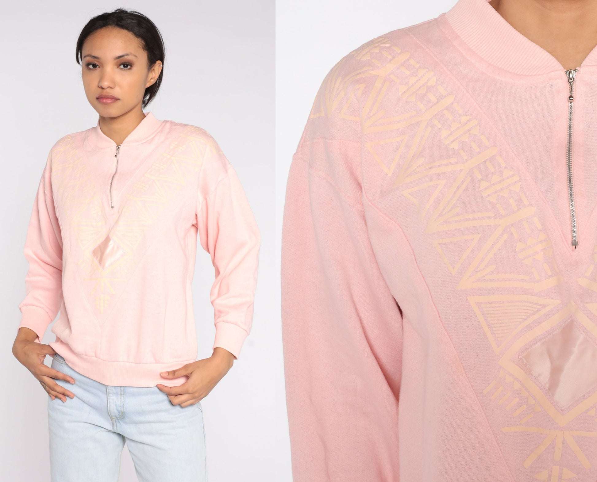 80s Geometric Quarter Zip Sweatshirt Baby Pink Southwestern Small