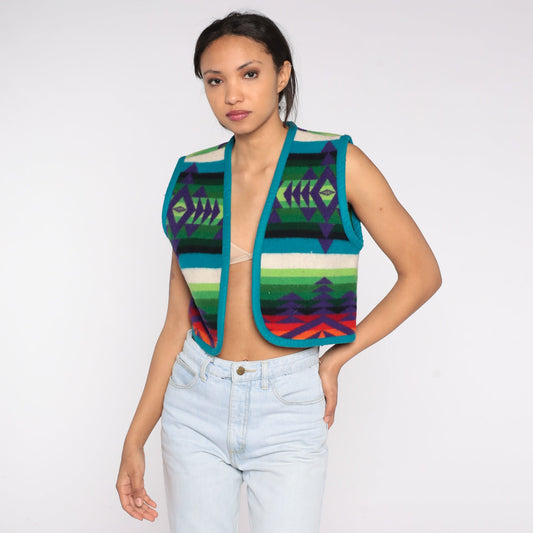 90s Southwestern Blanket Print Vest Cropped Open Front Small