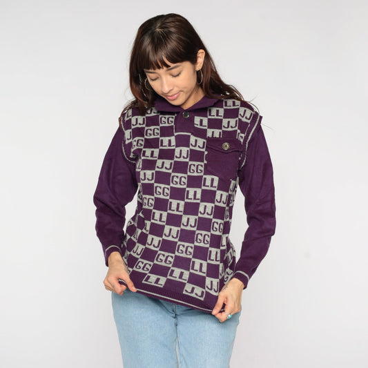 90s Purple Polo Sweater Initials GG JJ LL Novelty Knit Small