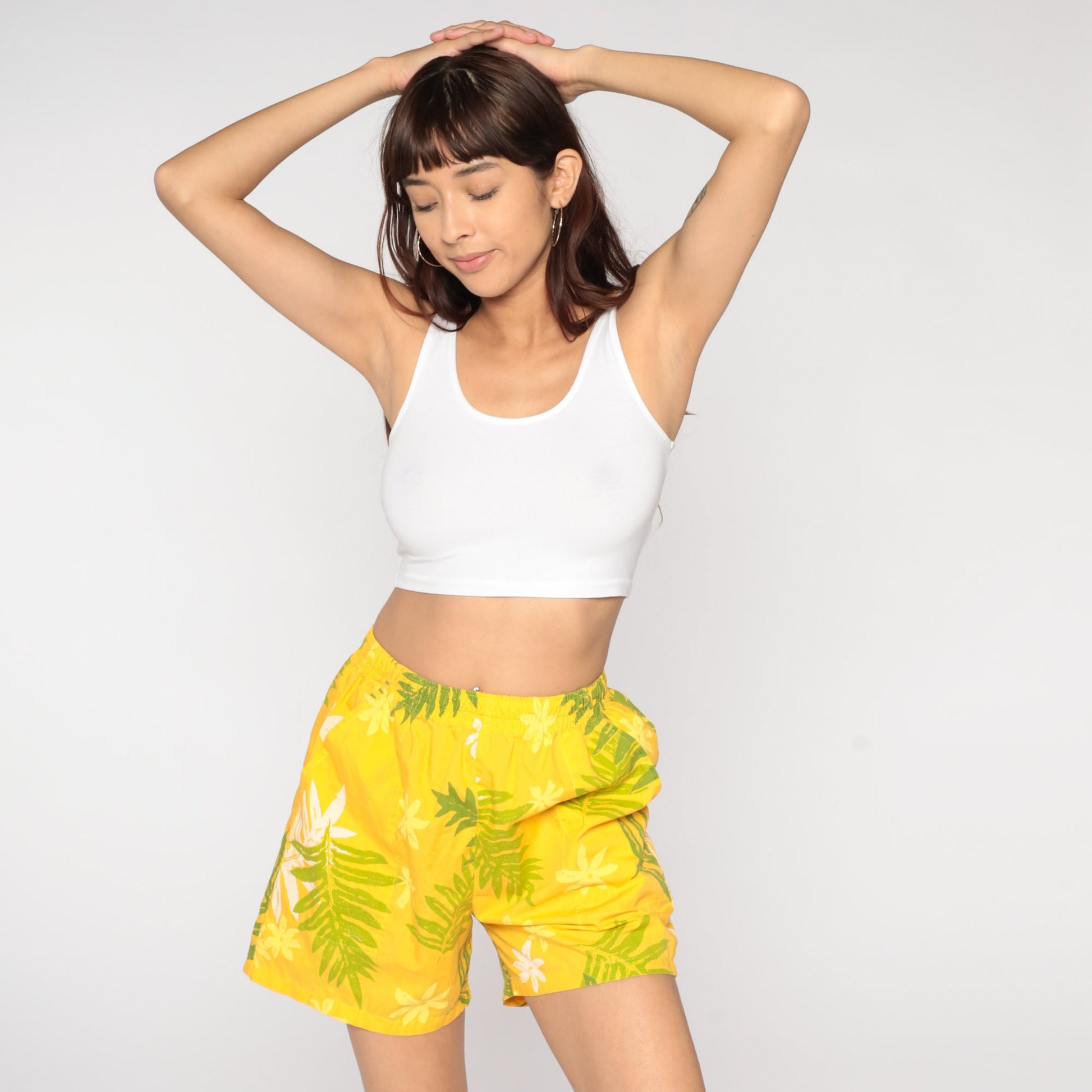 90s Yellow Tropical Leaf Floral Shorts High Waist Elastic Small S