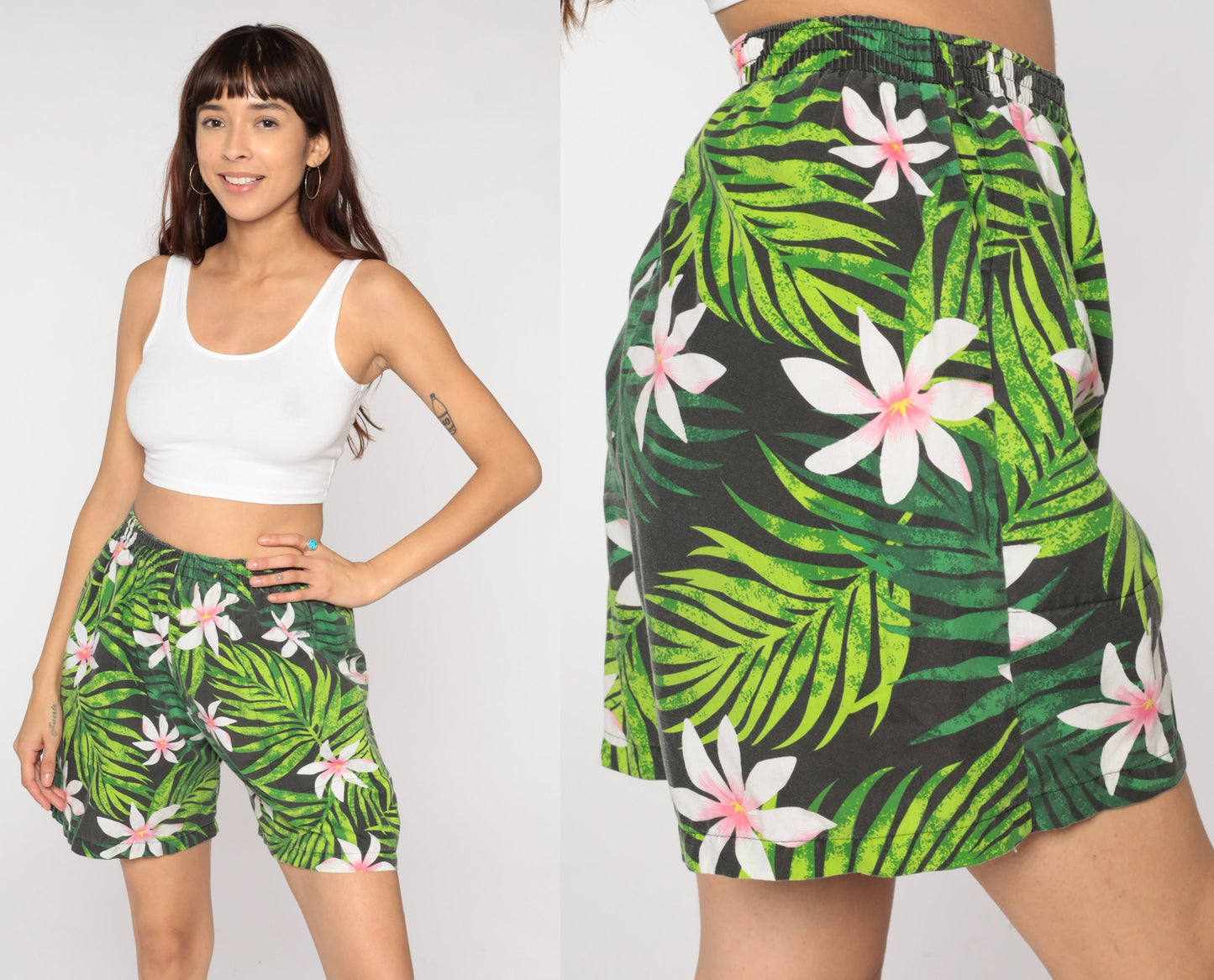 90s Tropical Leaf Floral Print Shorts High Waist Elastic Black Medium Large