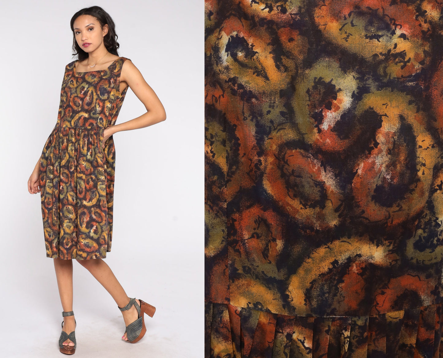 1960s Paisley Midi Dress Sleeveless High Waist Full Skirt Large