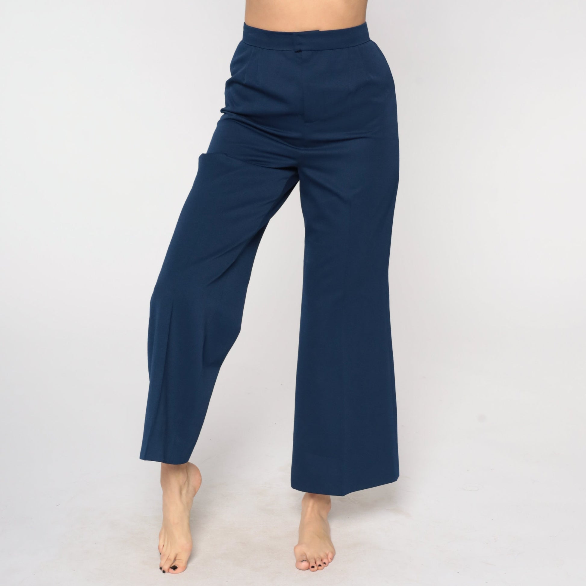 70s Navy Bell Bottom Trousers High Waist Flared Leg Small S