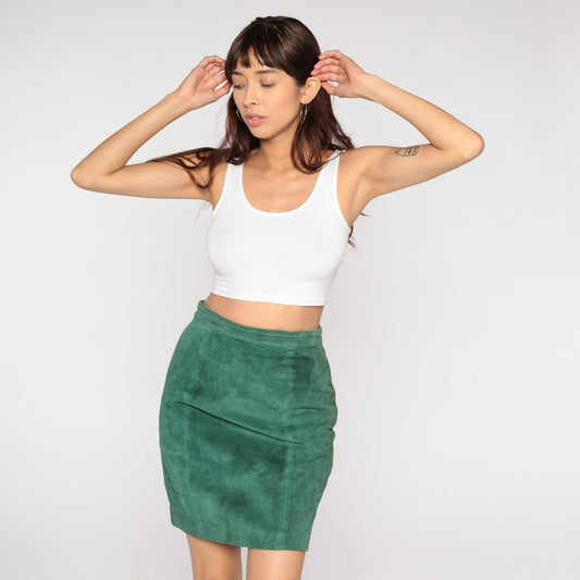 90s Green Suede Mini Skirt High Waist Pencil Wiggle Small S