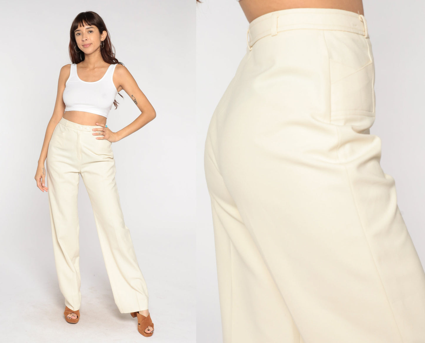 70s Cream High-Waisted Straight Leg Trousers Small S