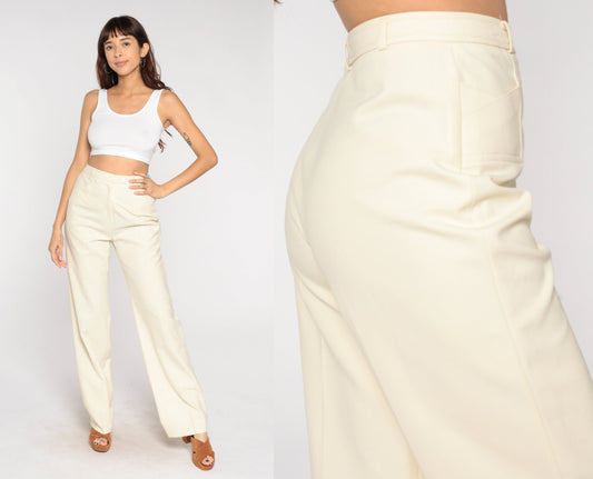70s Cream High-Waisted Straight Leg Trousers Small S