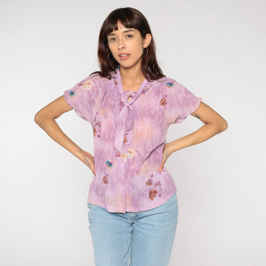 70s Purple Floral Ascot Blouse Button-Up Short Sleeve Small