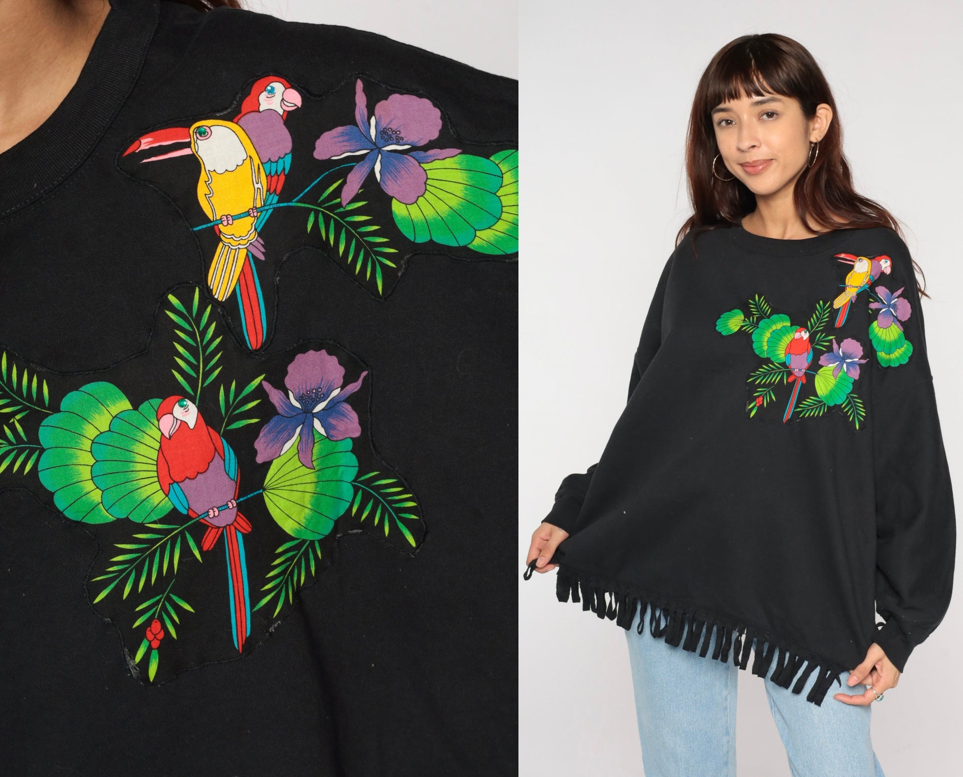 90s Tropical Bird Fringe Sweatshirt Black Graphic Parrot Crewneck Extra Large