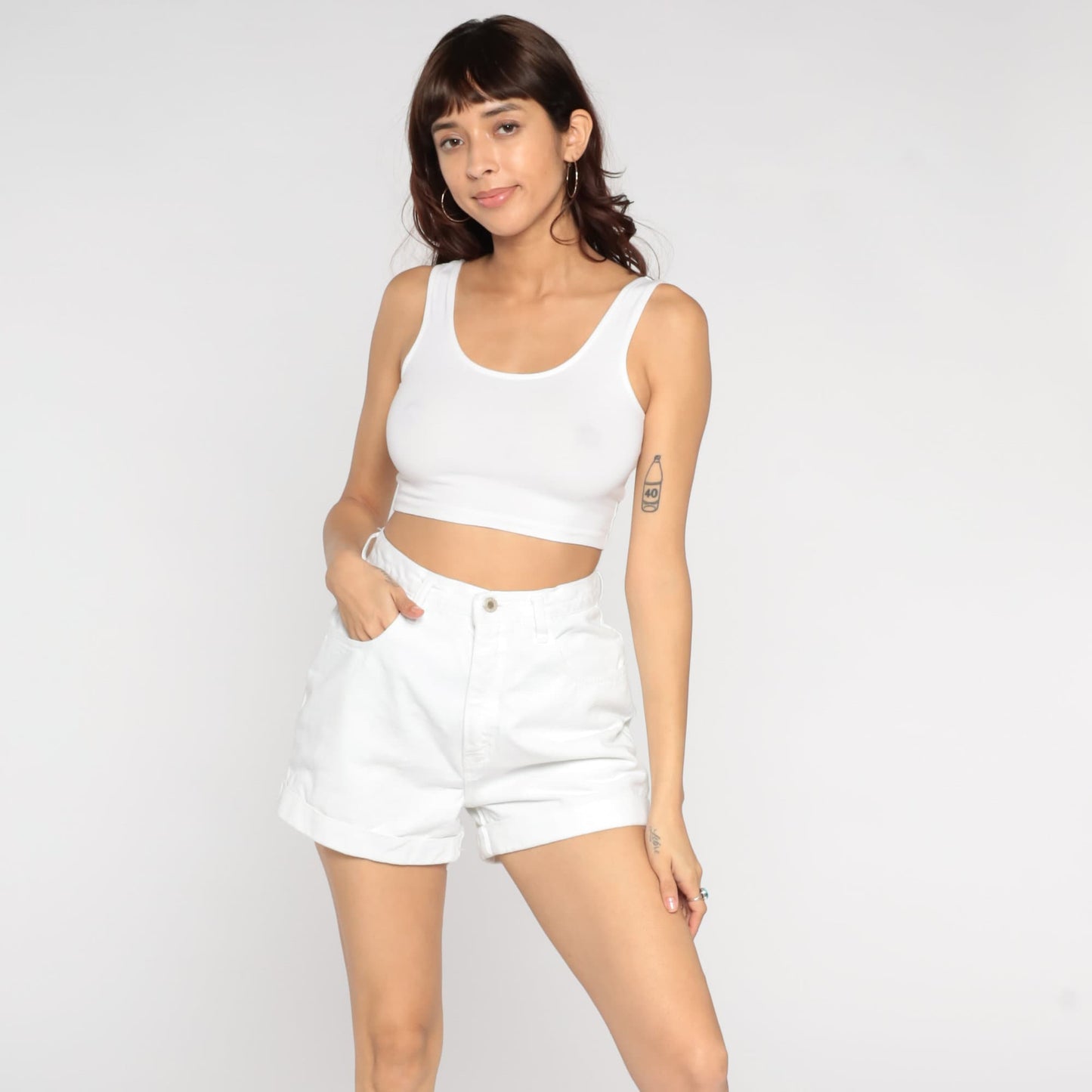 Y2K White Denim Shorts High Waisted Cuffed Jean Shorts Small