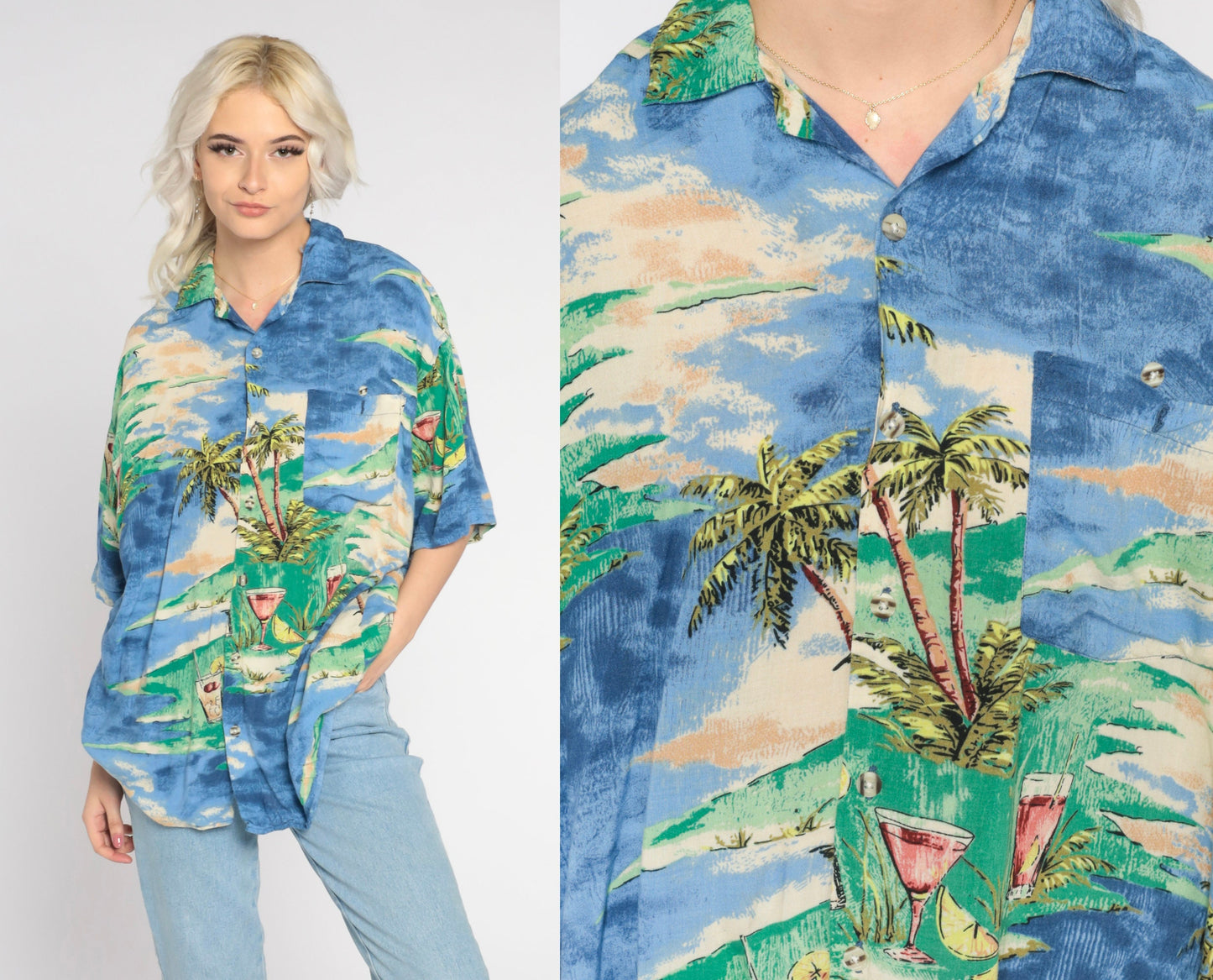 Y2K Blue Hawaiian Shirt Palm Tree Cocktail Print Button Up Men's Large