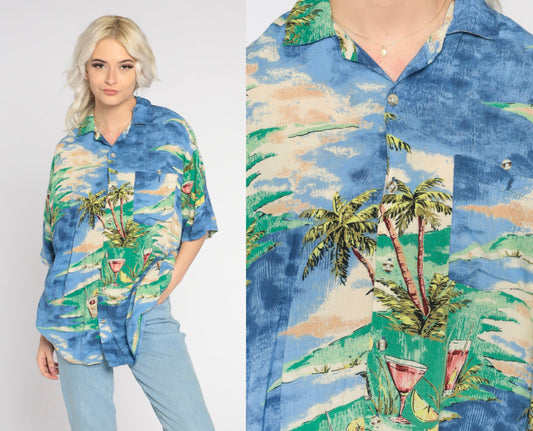 Y2K Blue Hawaiian Shirt Palm Tree Cocktail Print Button Up Men's Large