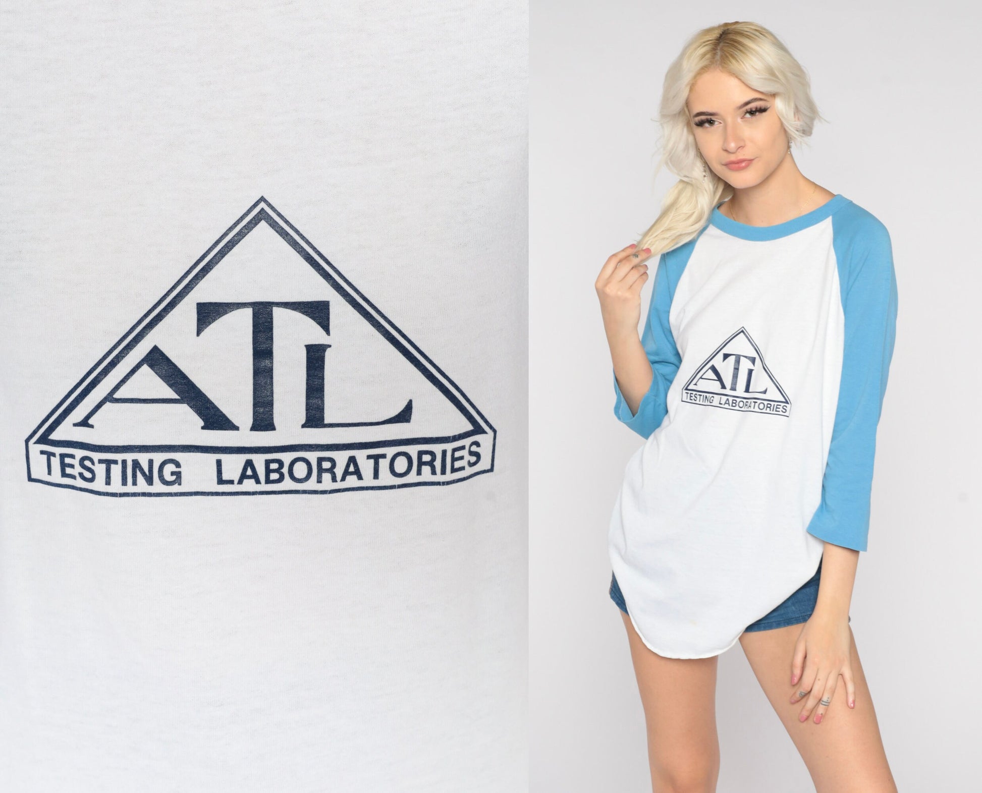 80s ATL Testing Laboratories Rowdy's 40 Baseball Tee White Baby Blue Raglan Medium