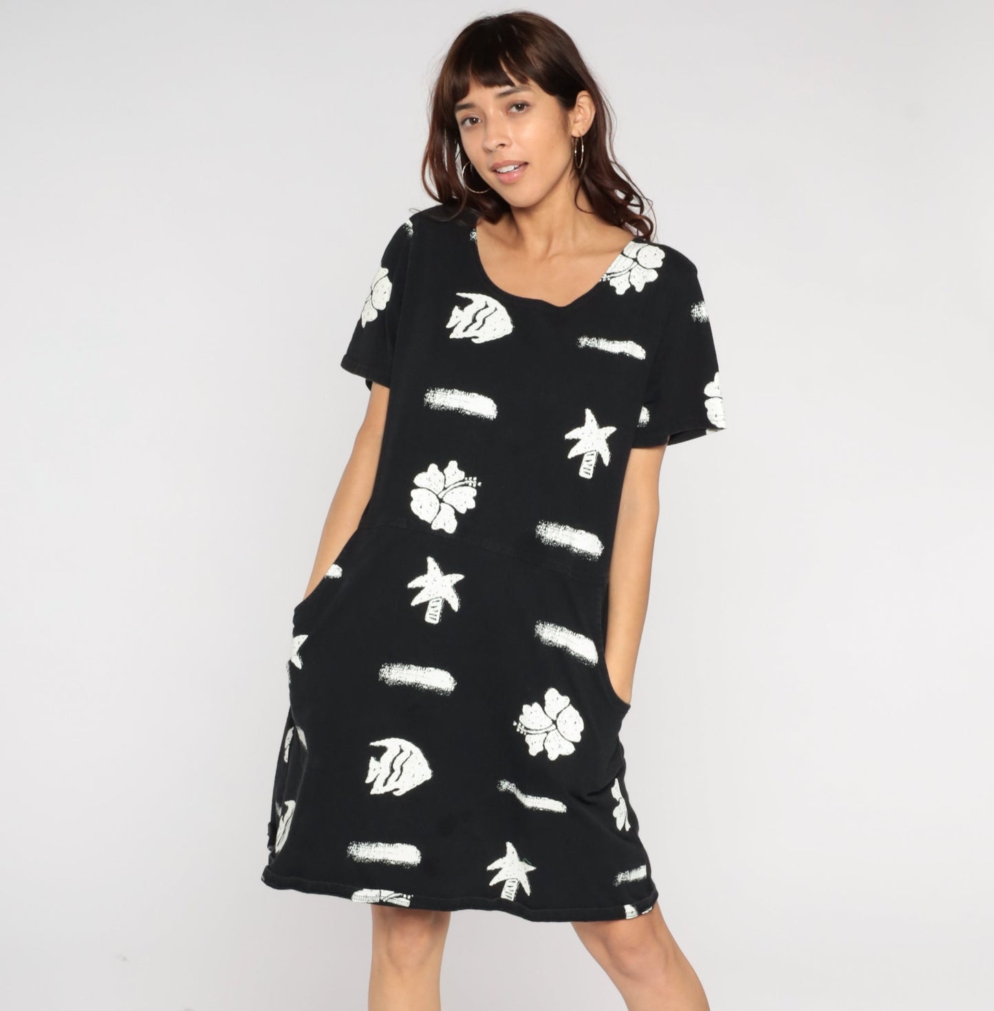 Y2K Black Tropical Fish Hibiscus Mini Shift Dress Short Sleeve Medium M
