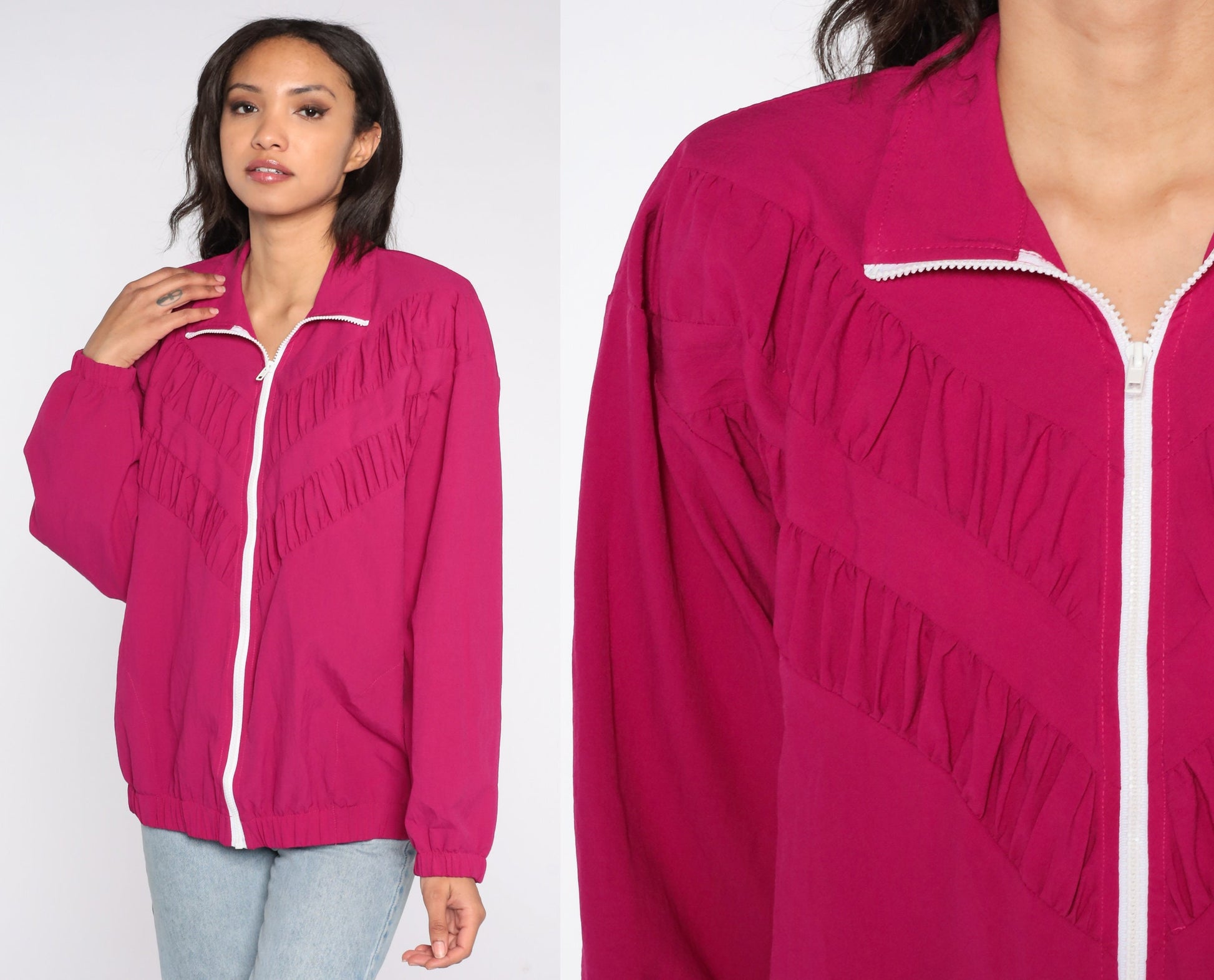 90s Fuchsia Zip Windbreaker Jacket Ruched Medium M