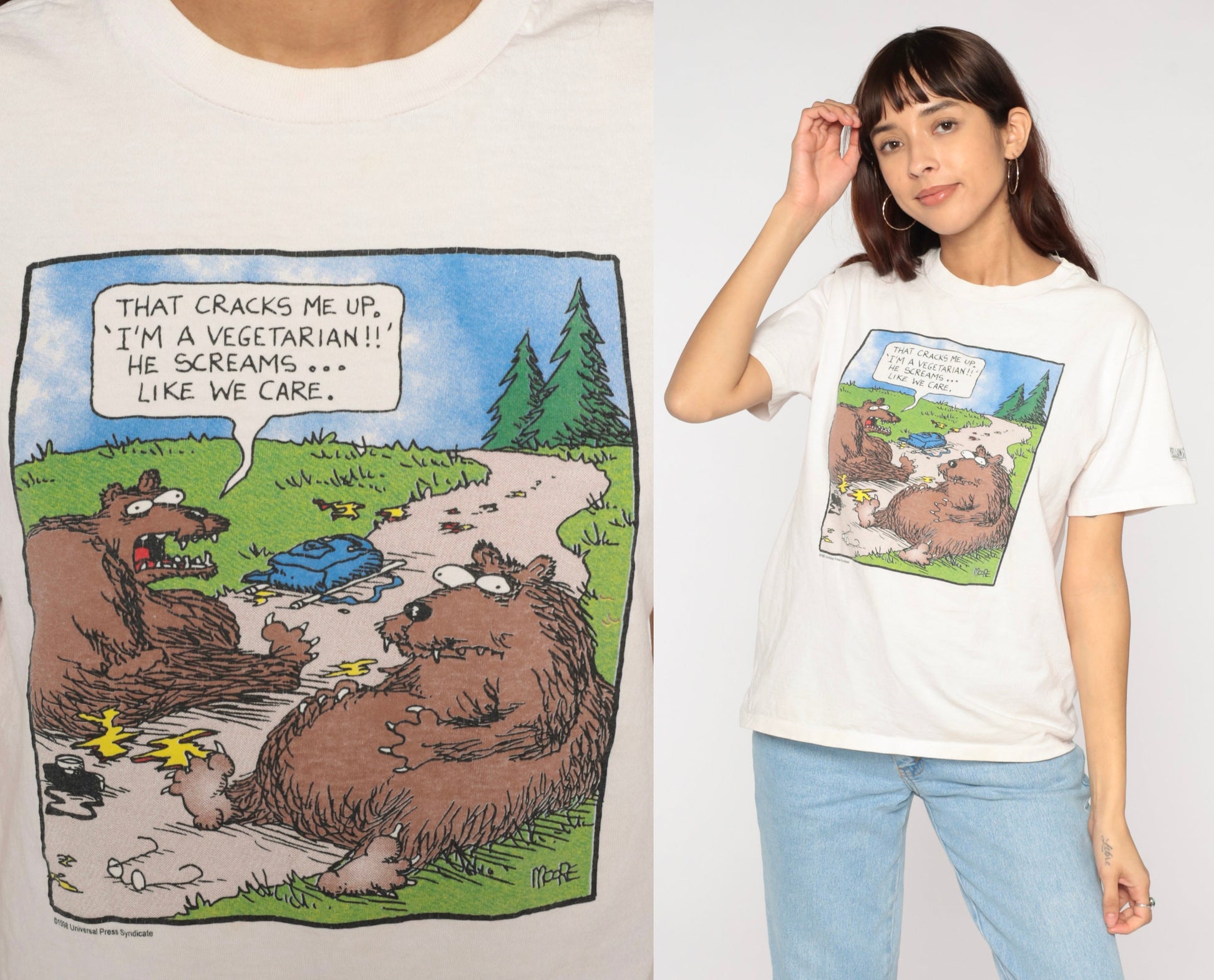 90s Bear Attack Cartoon Graphic T-Shirt Cotton Novelty Tee Medium