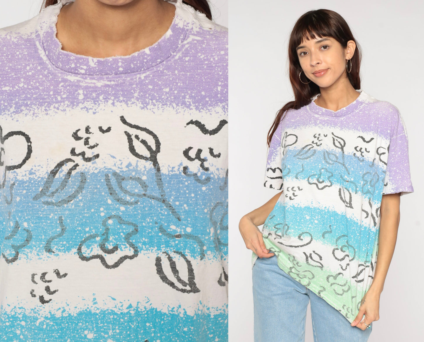 90s Anvil Floral T-Shirt Bleach Splatter Striped Cotton White Extra Large XL