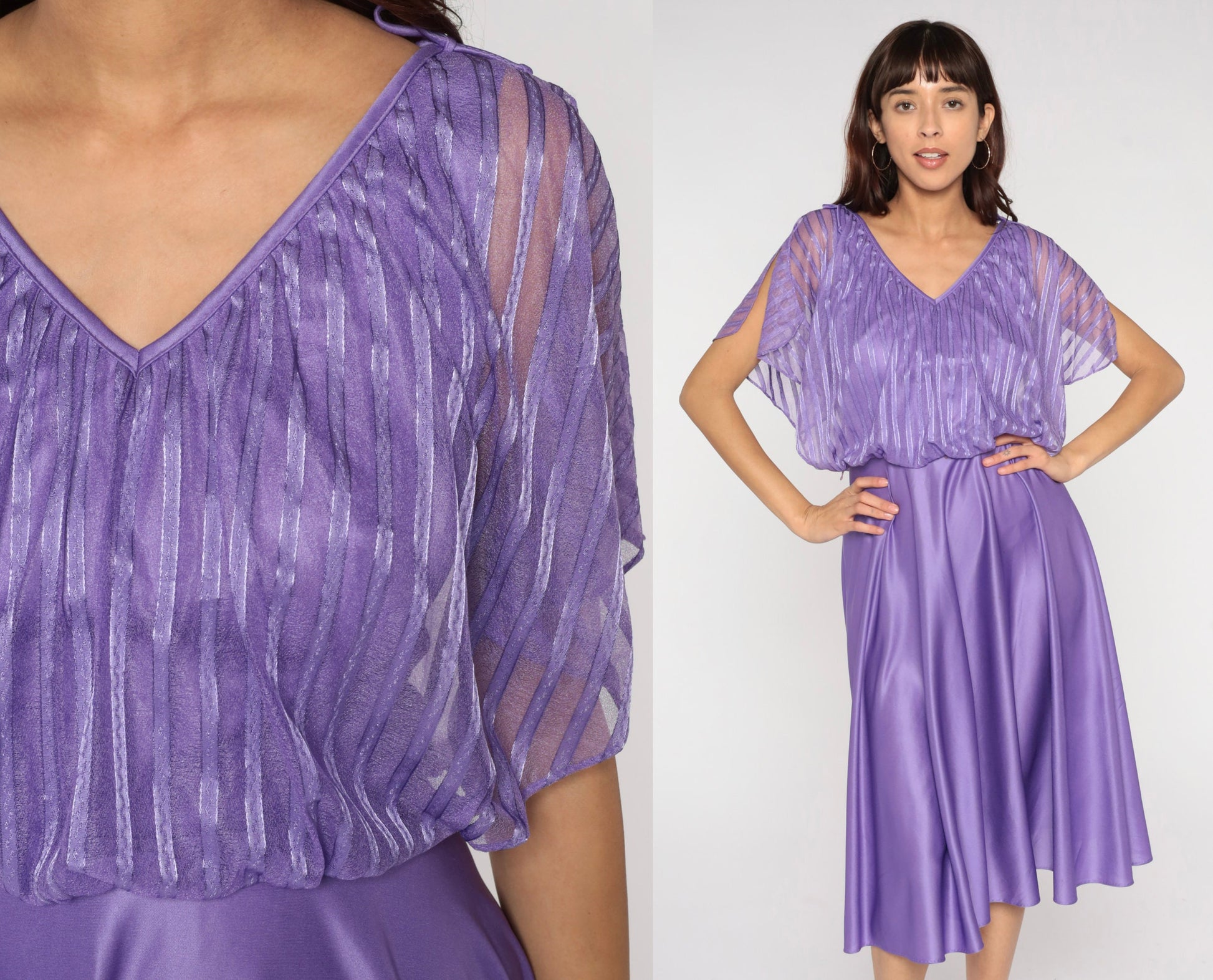 70s Purple Grecian Midi Dress Flutter Sleeve High Waist Small