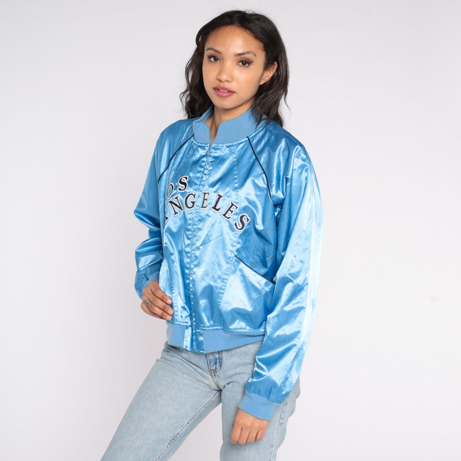 Y2K Los Angeles Baby Blue Satin Bomber Jacket Zip-Up Small S