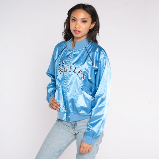 Y2K Los Angeles Baby Blue Satin Bomber Jacket Zip-Up Small S