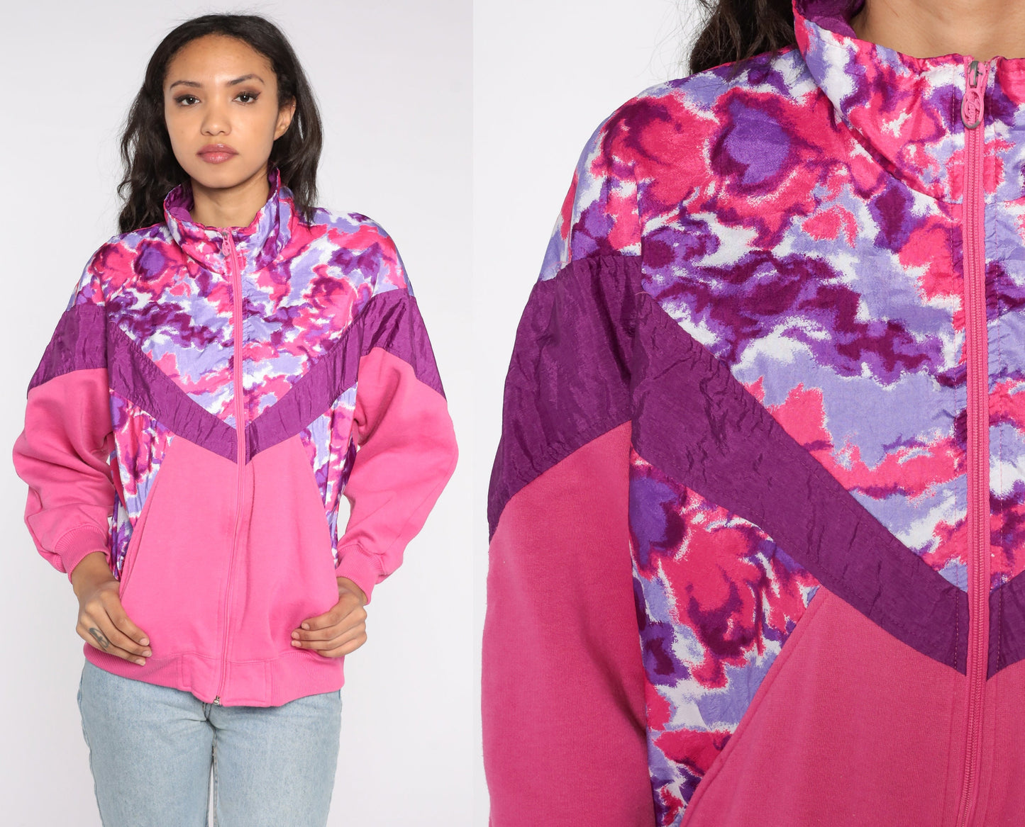90s Pink Floral Color Block Zip Windbreaker Sweatshirt Medium M