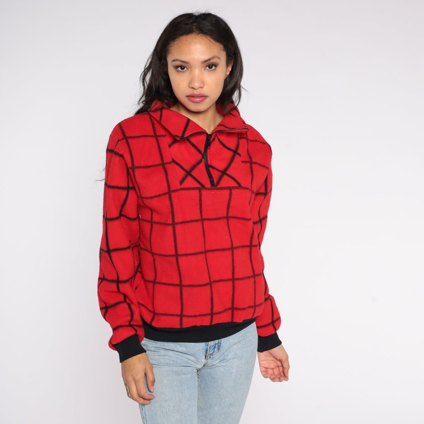 80s Le Tigre Red Checkered Fleece Quarter Zip Pullover Medium