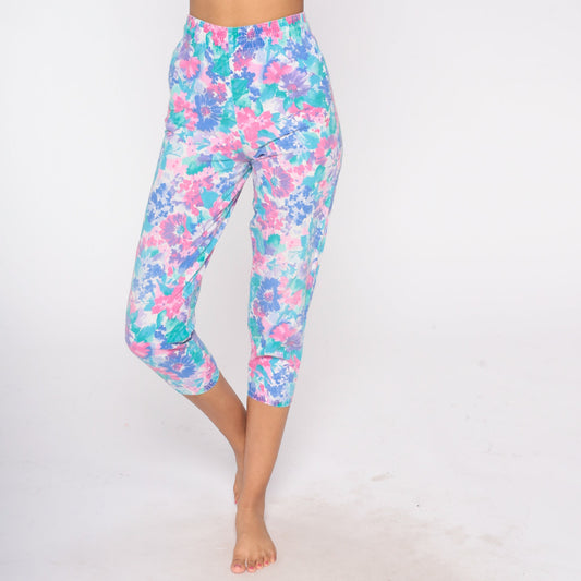 90s Floral Cropped Pants High Waist Elastic Cotton Lounge Capris Extra Small