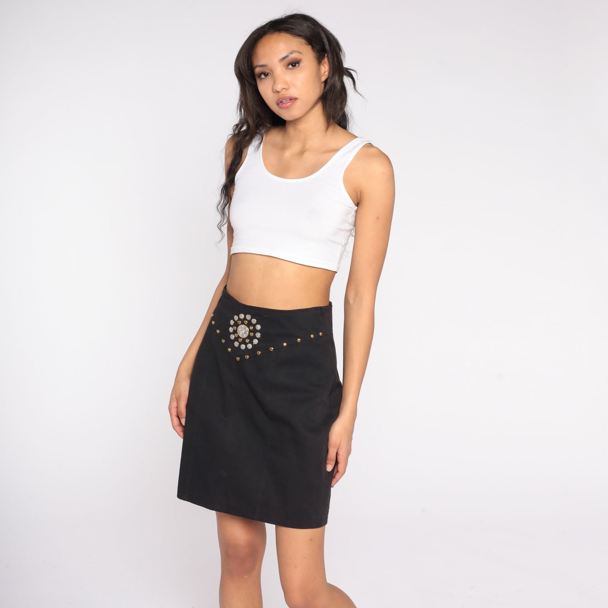 90s Black Studded Mini Pencil Skirt High Waist Cotton Small S