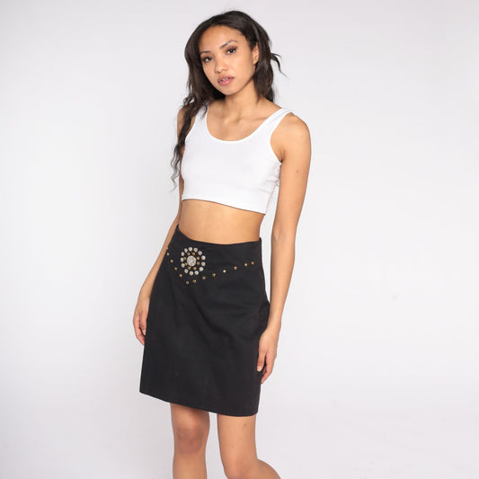 90s Black Studded Mini Pencil Skirt High Waist Cotton Small S