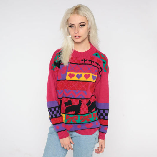 80s Scottie Dog Knit Sweater Pink Geometric Hearts Flowers Bows Medium