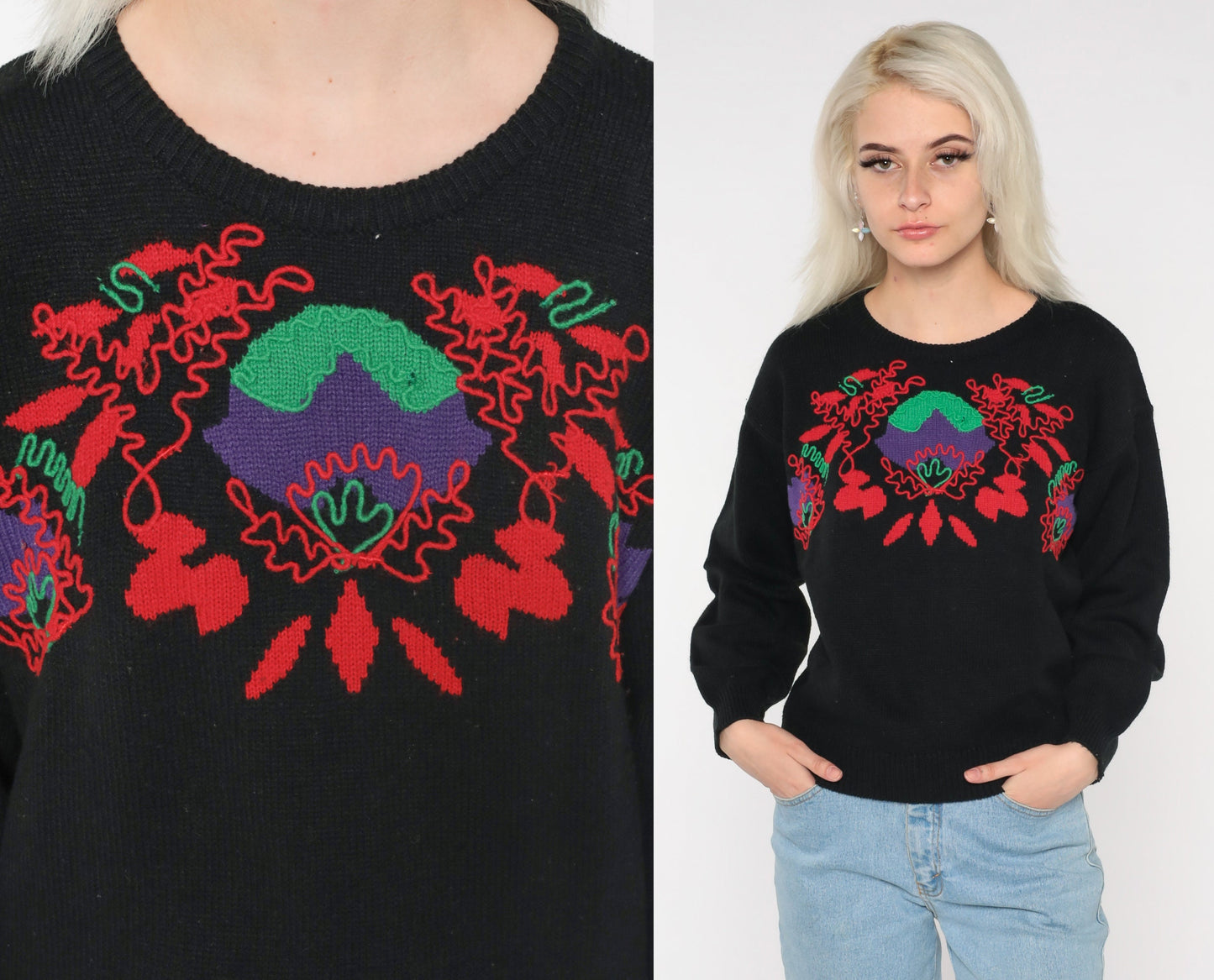 80s Black Floral Abstract Knit Sweater Pullover Medium M
