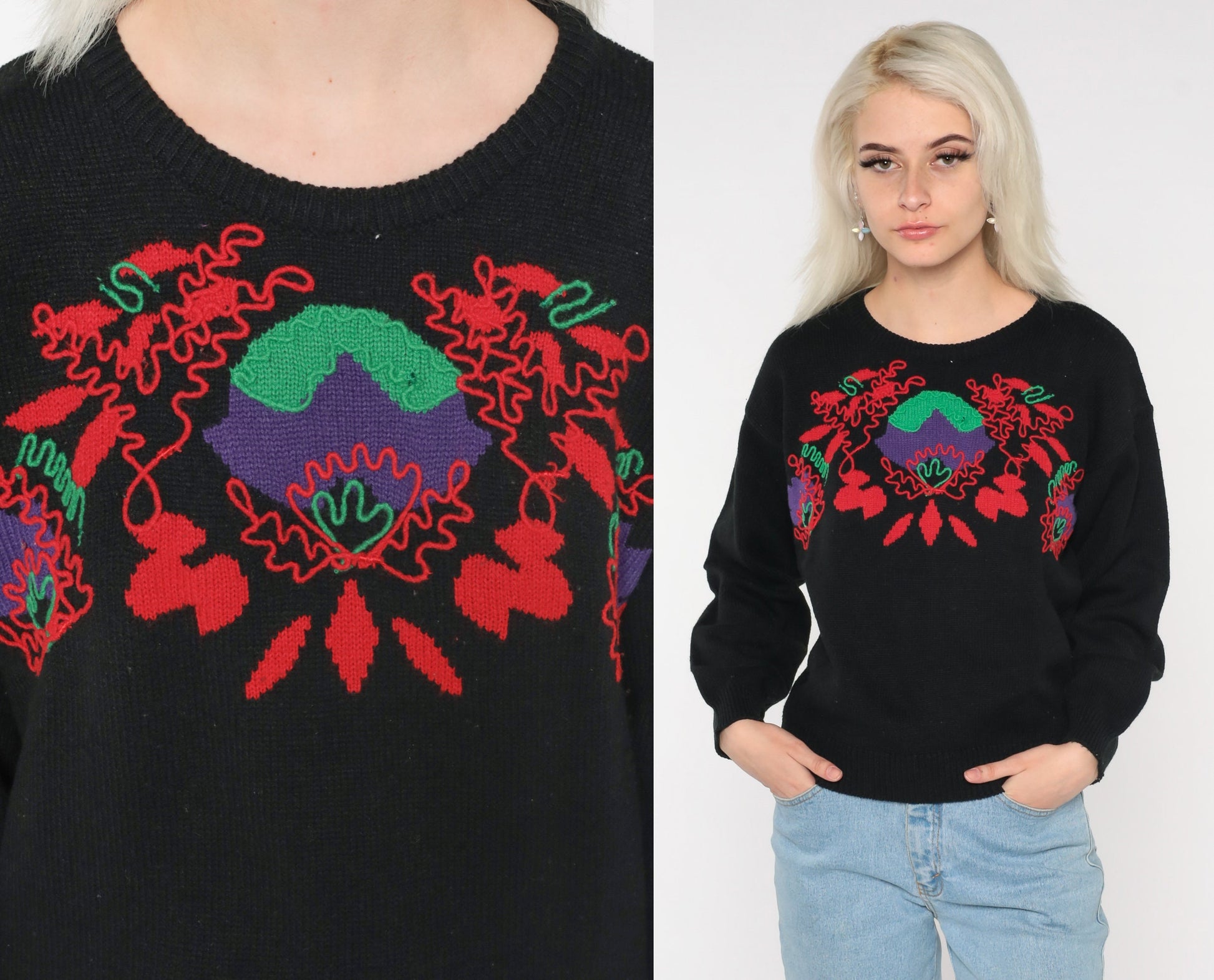 80s Black Floral Abstract Knit Sweater Pullover Medium M