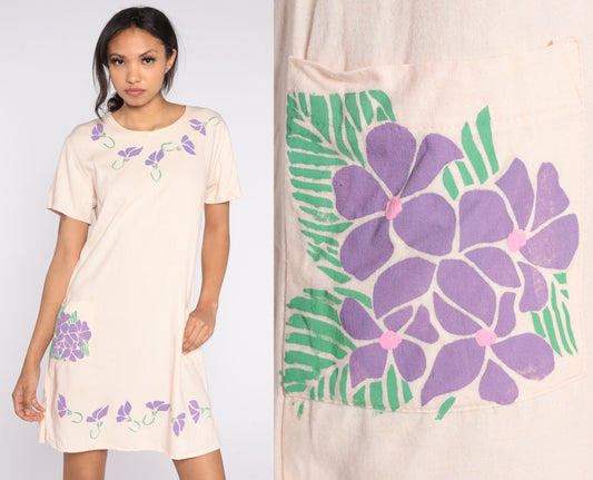 90s Floral Linen T-Shirt Dress Beige Pocket Mini Small