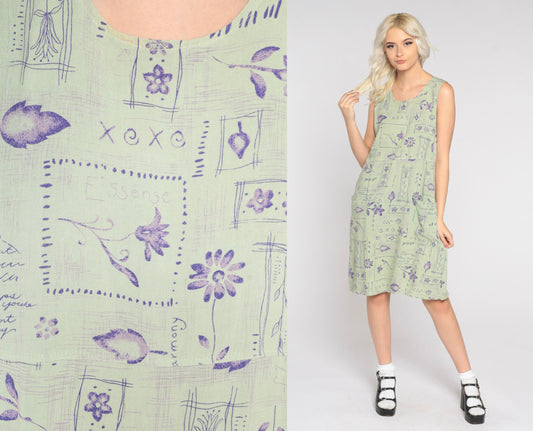 90s Sage Green Abstract Floral Mini Dress Sleeveless Shift Medium M