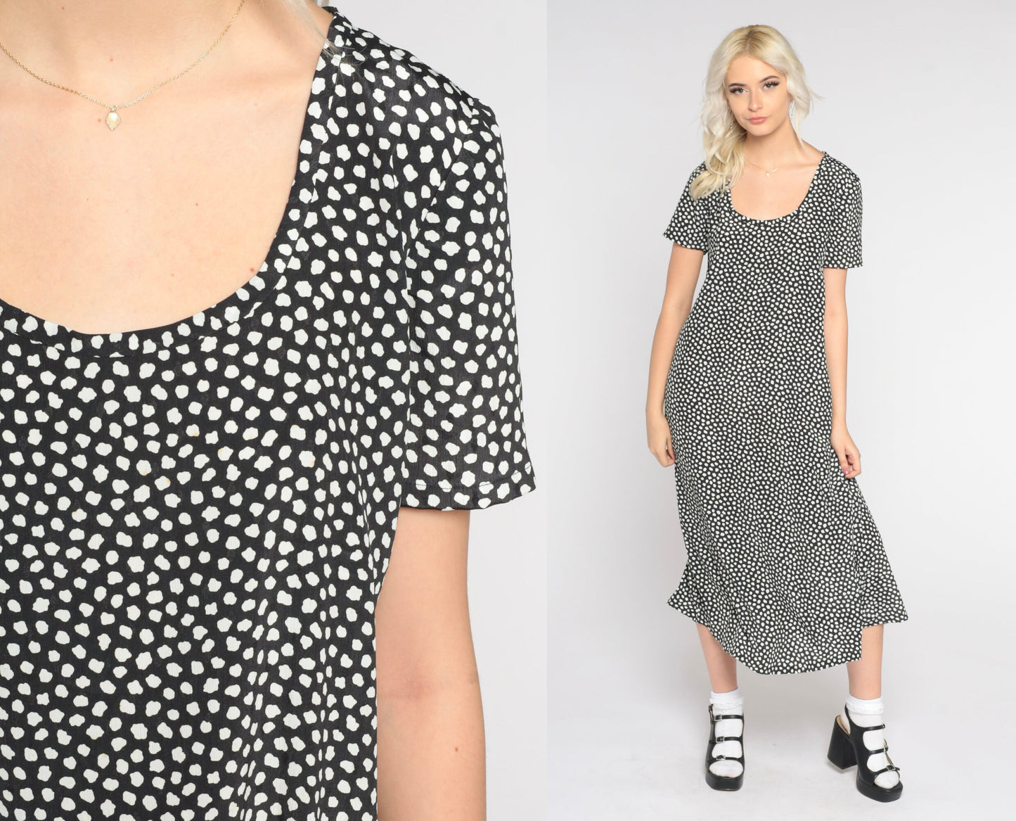 90s Black & White Polka Dot Midi Dress Short Sleeve Tie Back Small Medium