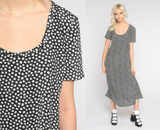 90s Black & White Polka Dot Midi Dress Short Sleeve Tie Back Small Medium