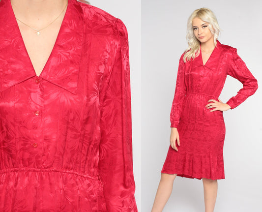80s Red Silk Floral Midi Shirtdress Pleated Puff Sleeve Button-Up Extra Small XS