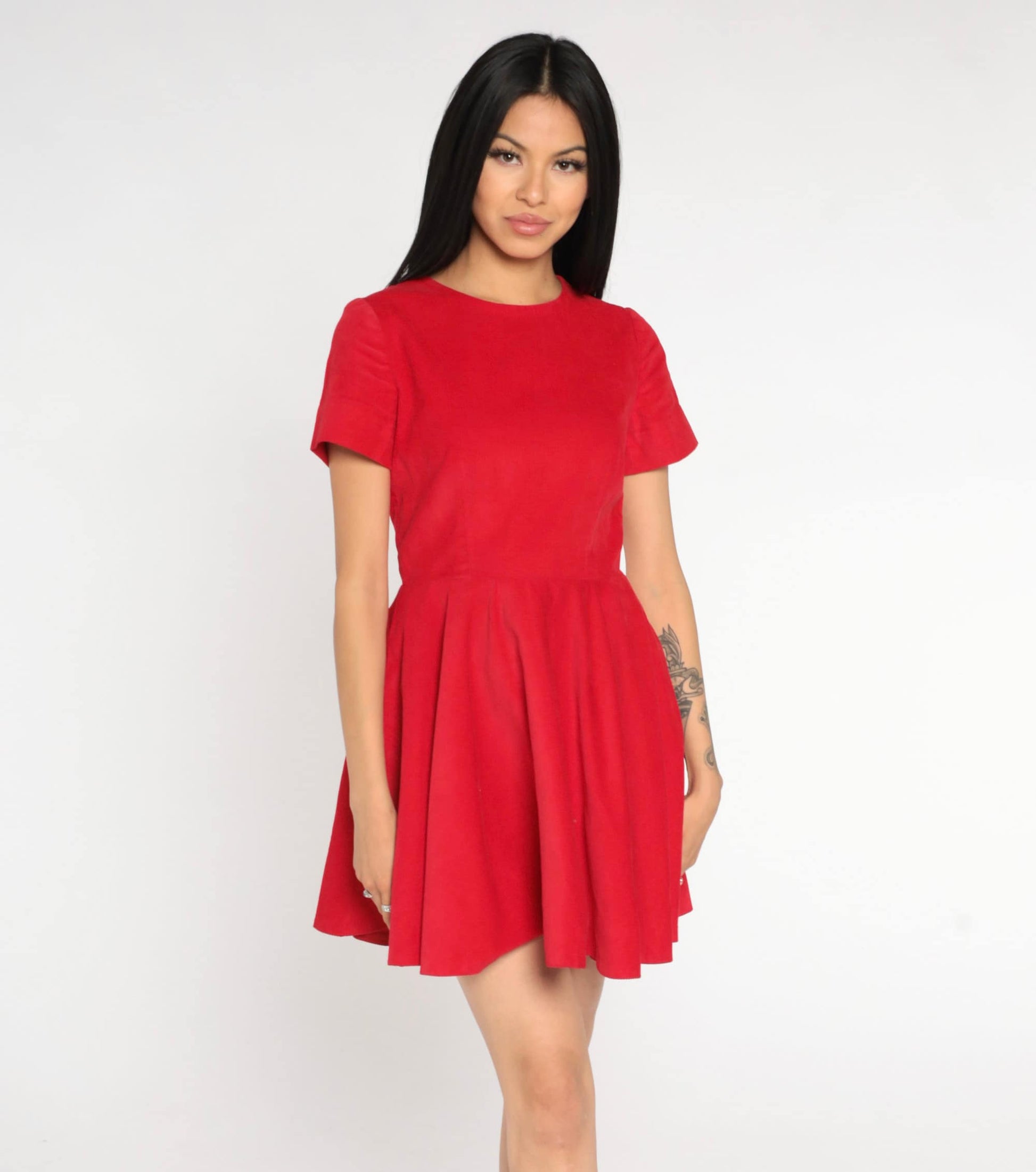80s Red Corduroy Mini Dress High Waist Short Sleeve Fit Flare Small S