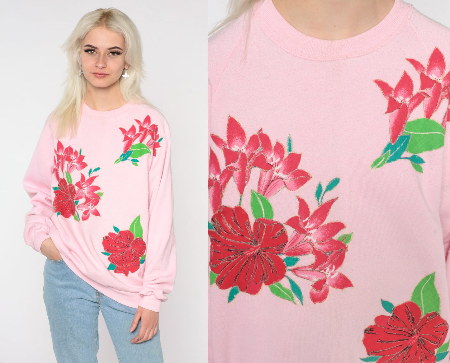 90s Jerzees Floral Sweatshirt Baby Pink Glitter Graphic Raglan Large