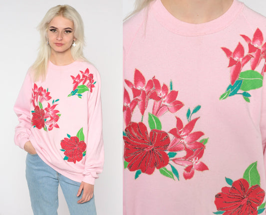 90s Jerzees Floral Sweatshirt Baby Pink Glitter Graphic Raglan Large