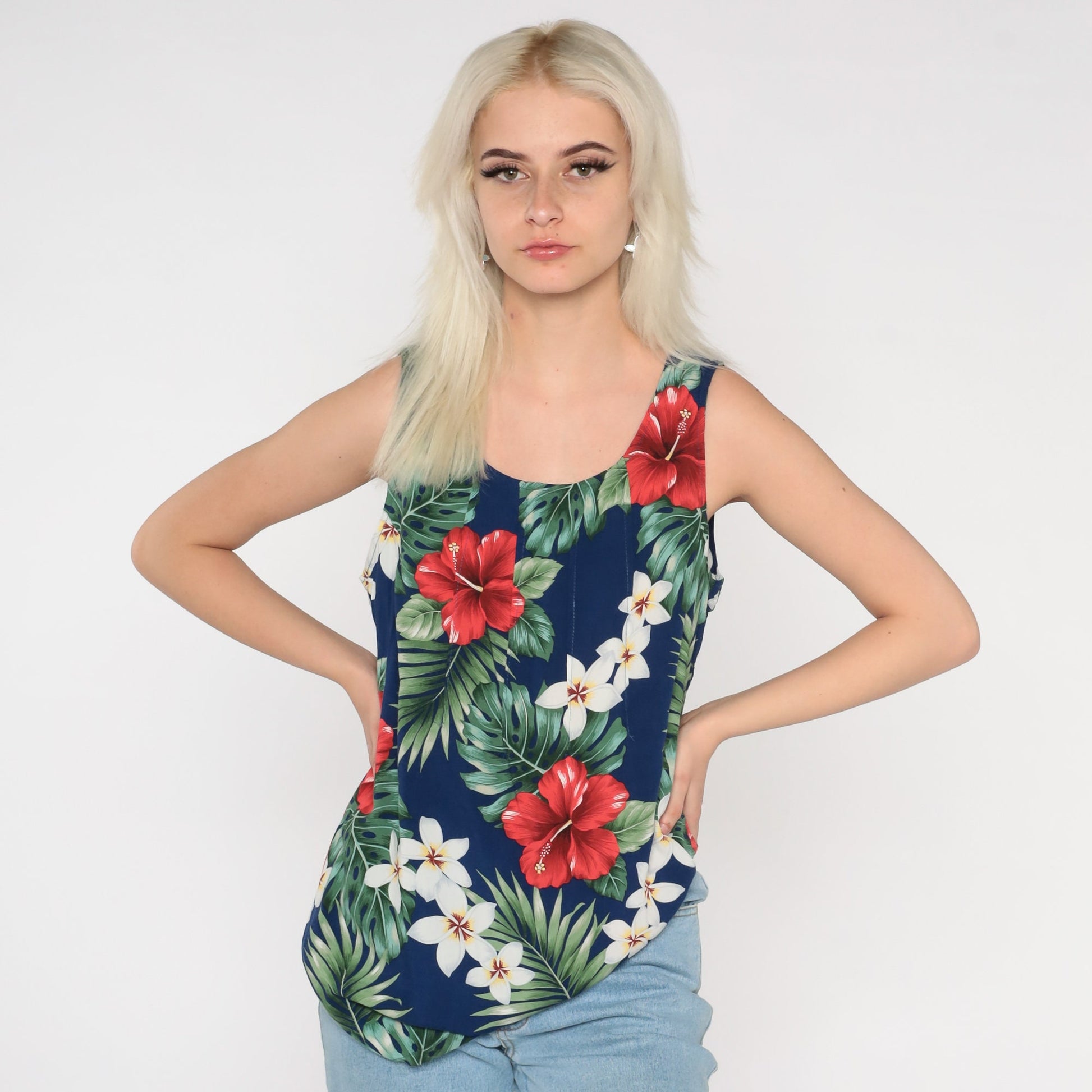 90s Tropical Floral Tank Top Blue Hibiscus Print Sleeveless Blouse Medium